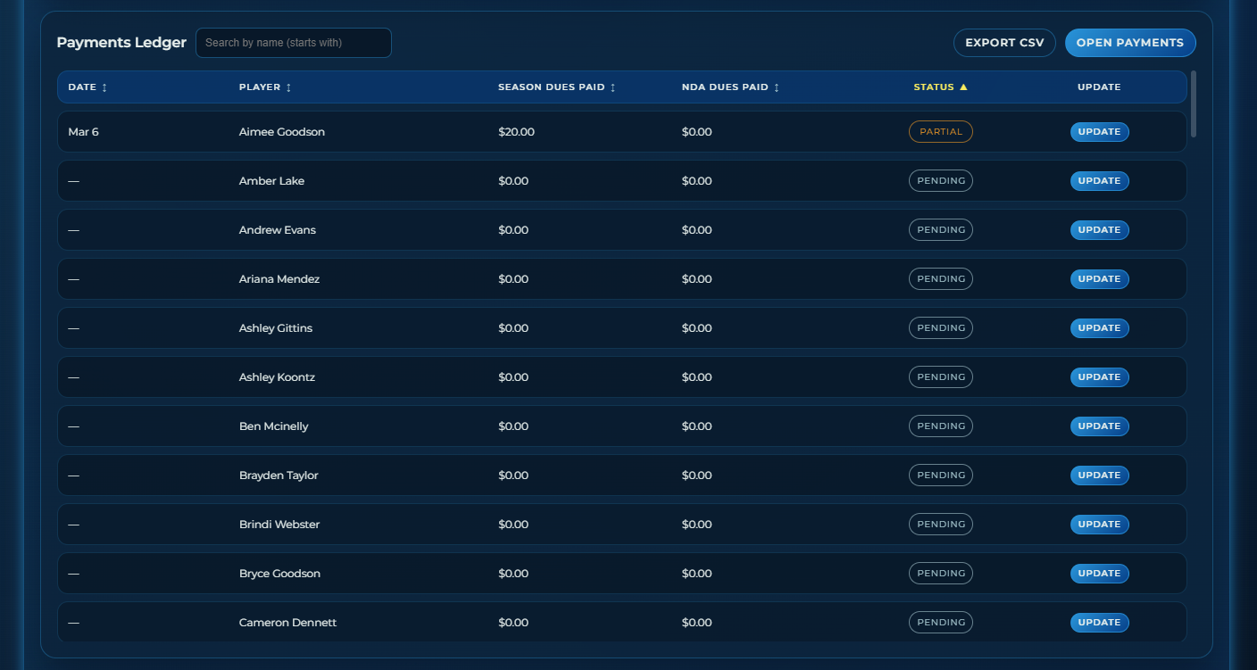 Dart League Pro - Dashboard Payments Region