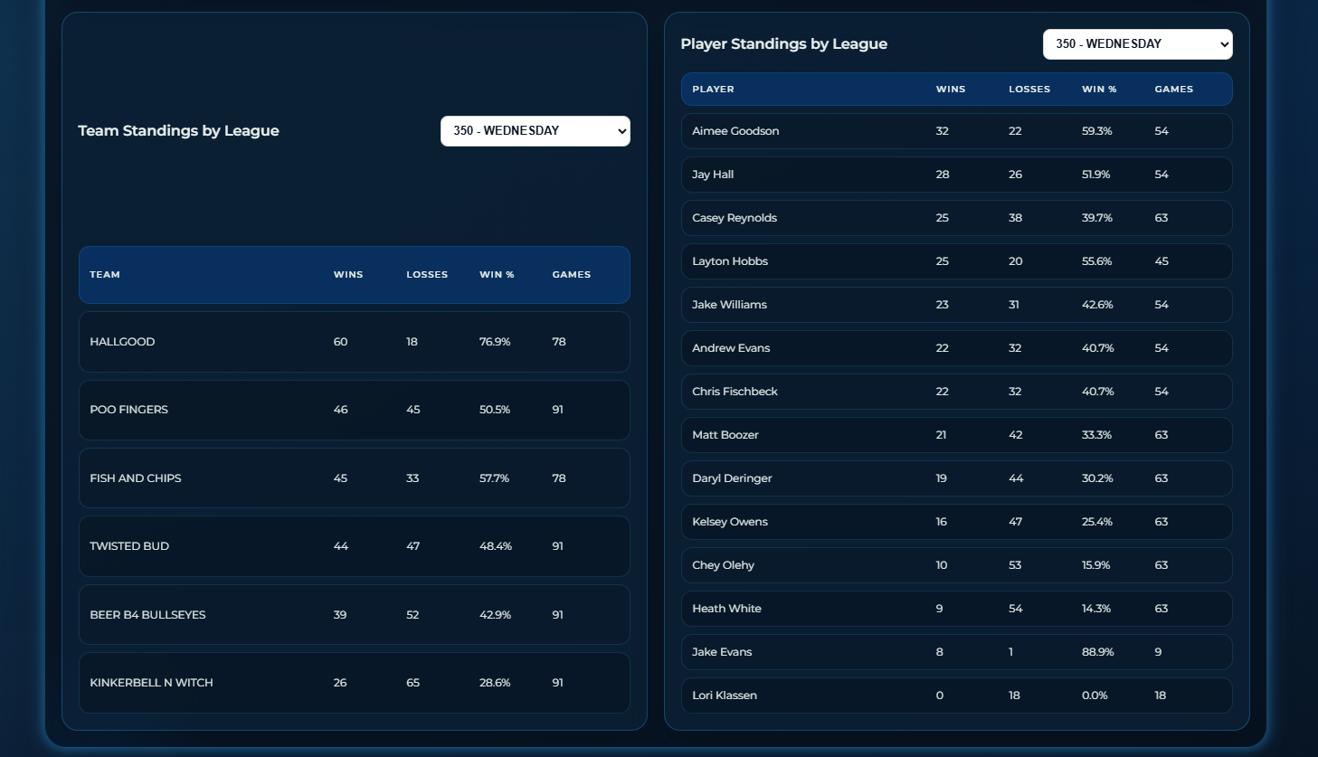 Dart League Pro - Dashboard Team Standings by League Region