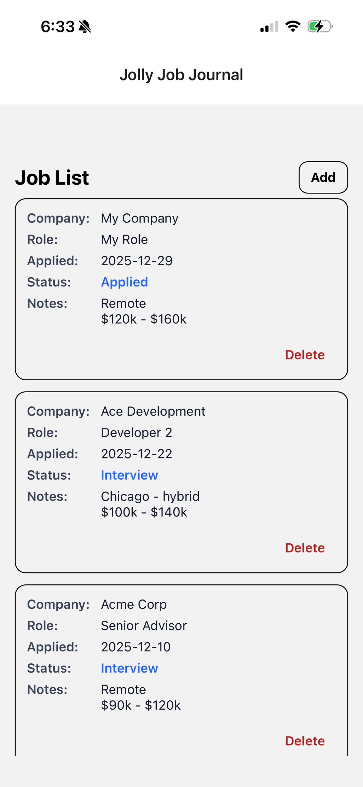 iOS Screenshot - Job List page
