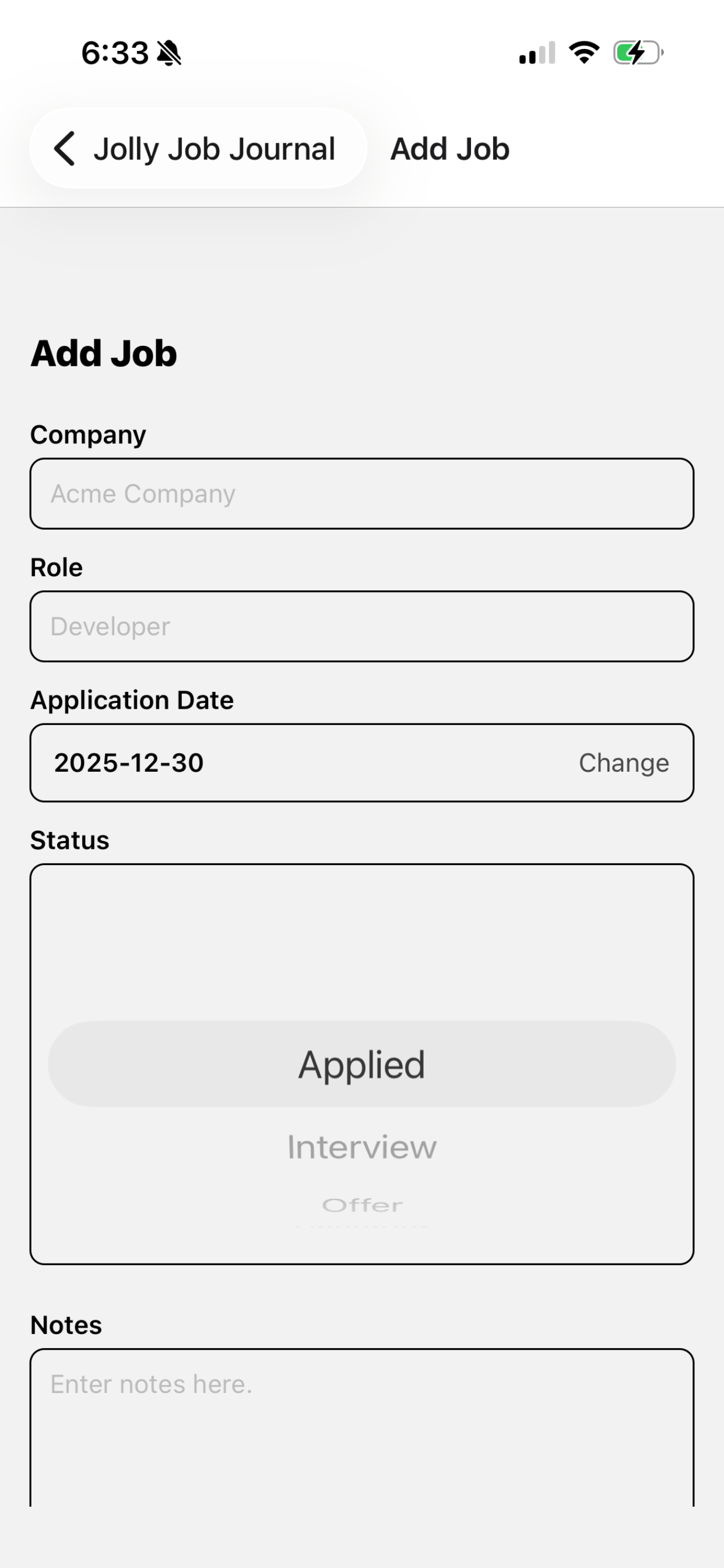 iOS Screenshot - Add Job page