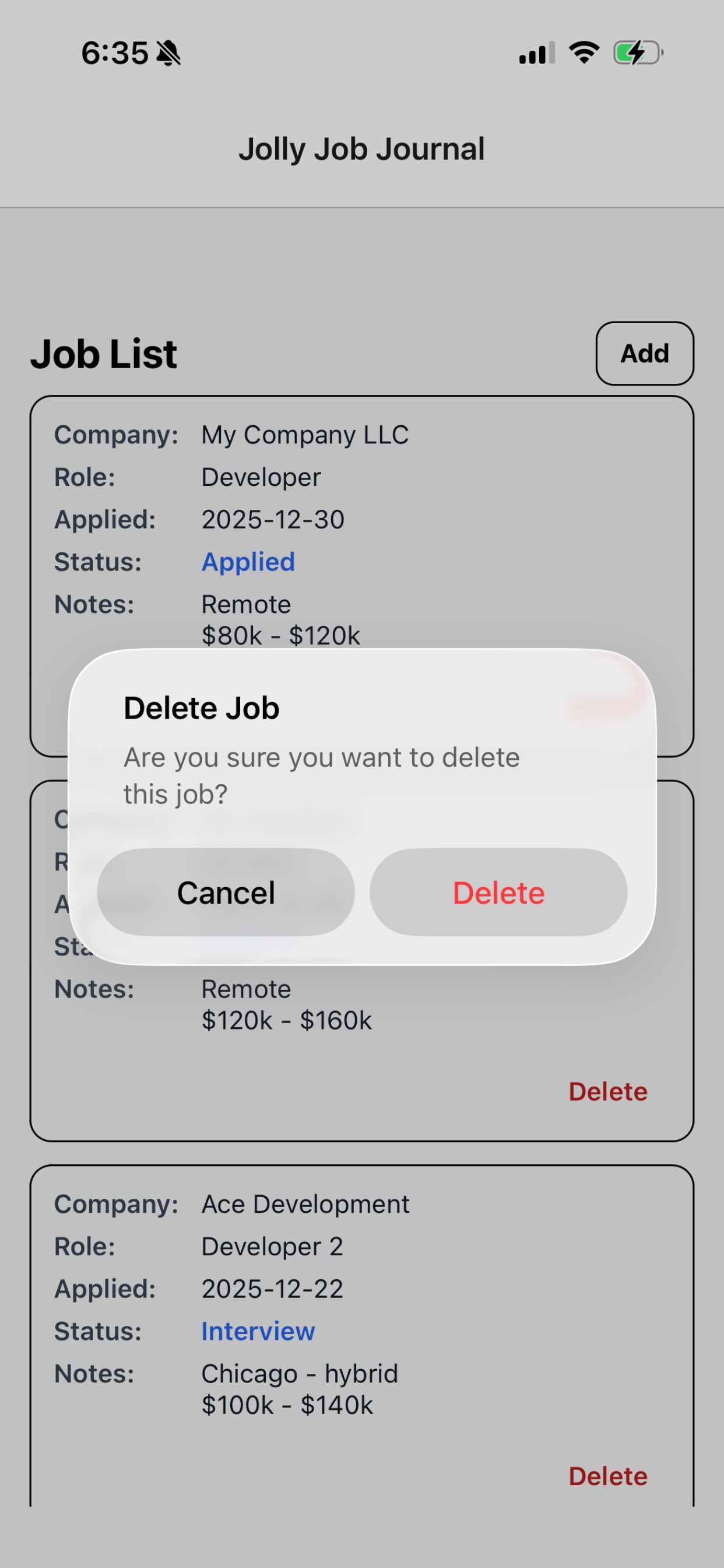 iOS Screenshot - Delete Confirmation
