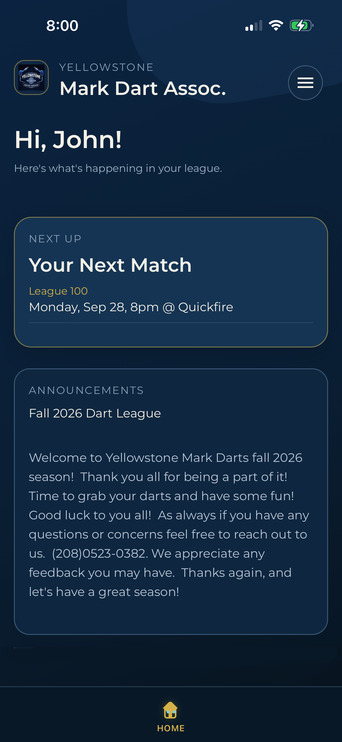 Dart League Pro player home screen