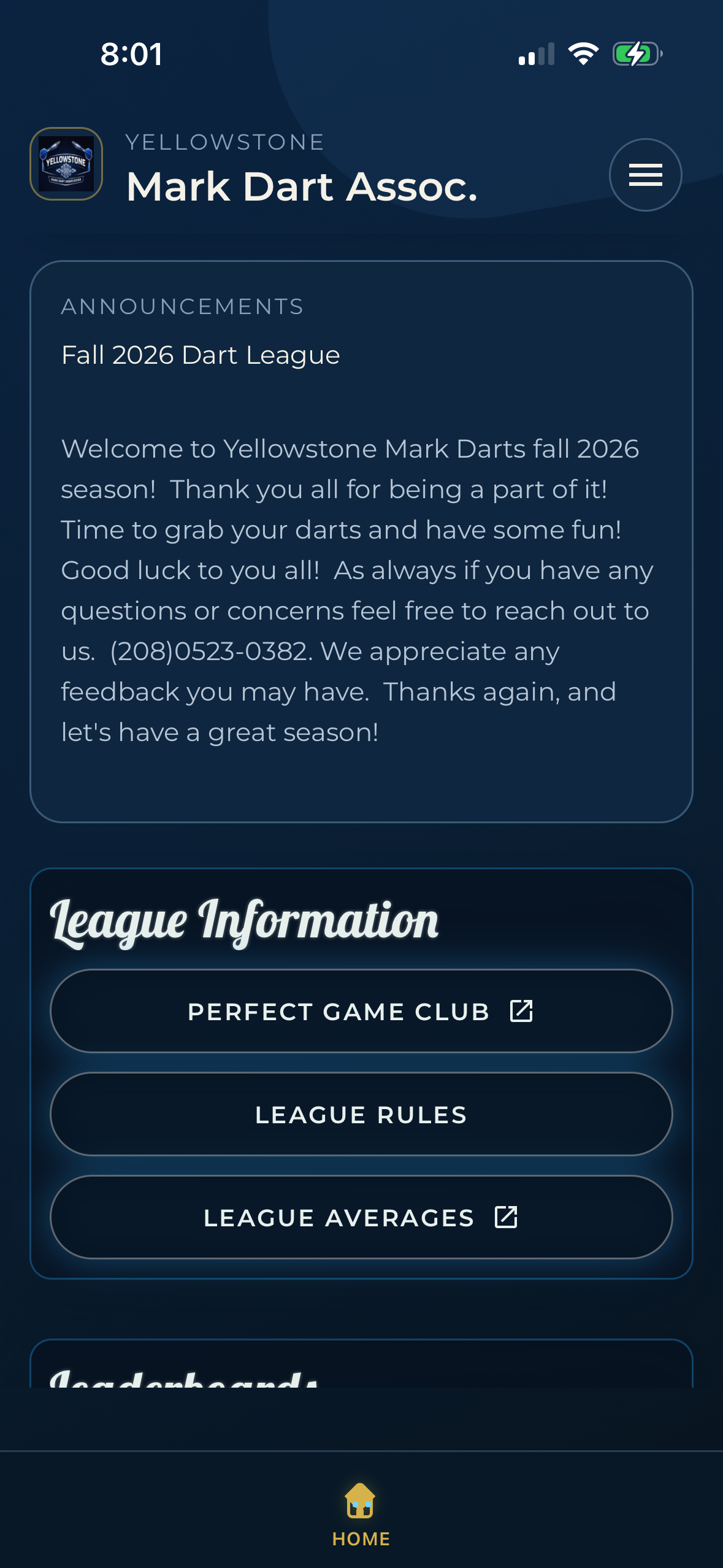 Dart League Pro second player home screen