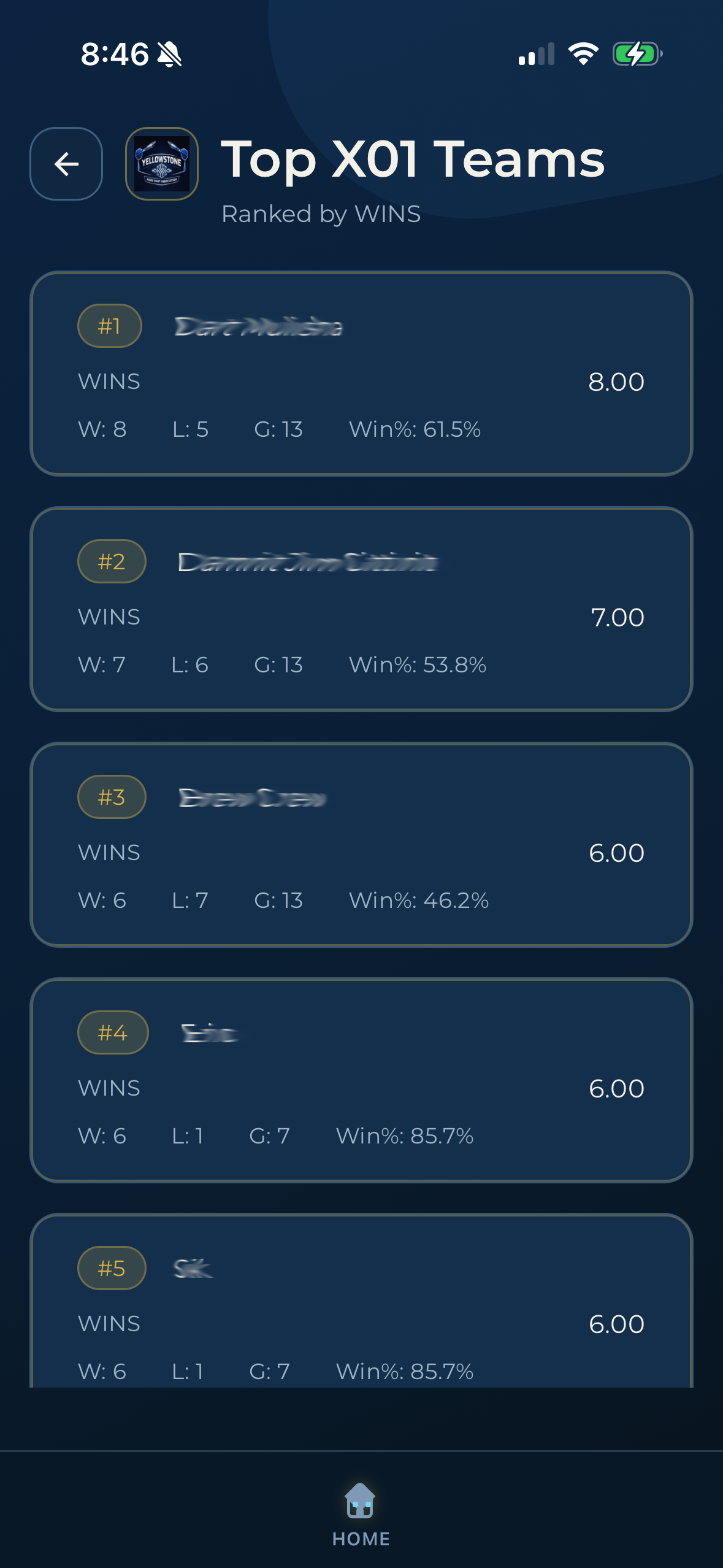 Dart League Pro player team leaders screen