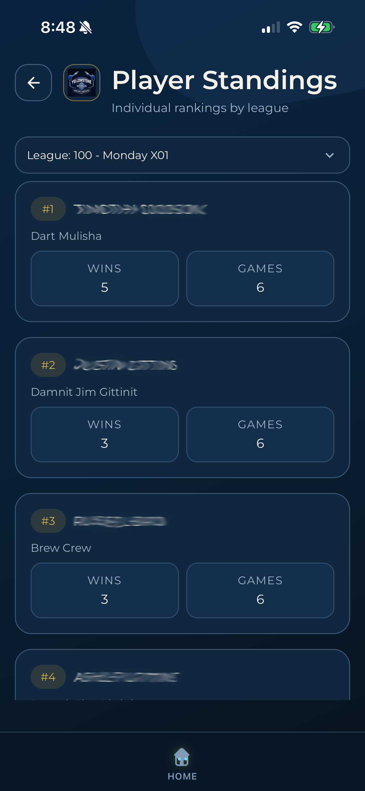 Dart League Pro player league standings screen