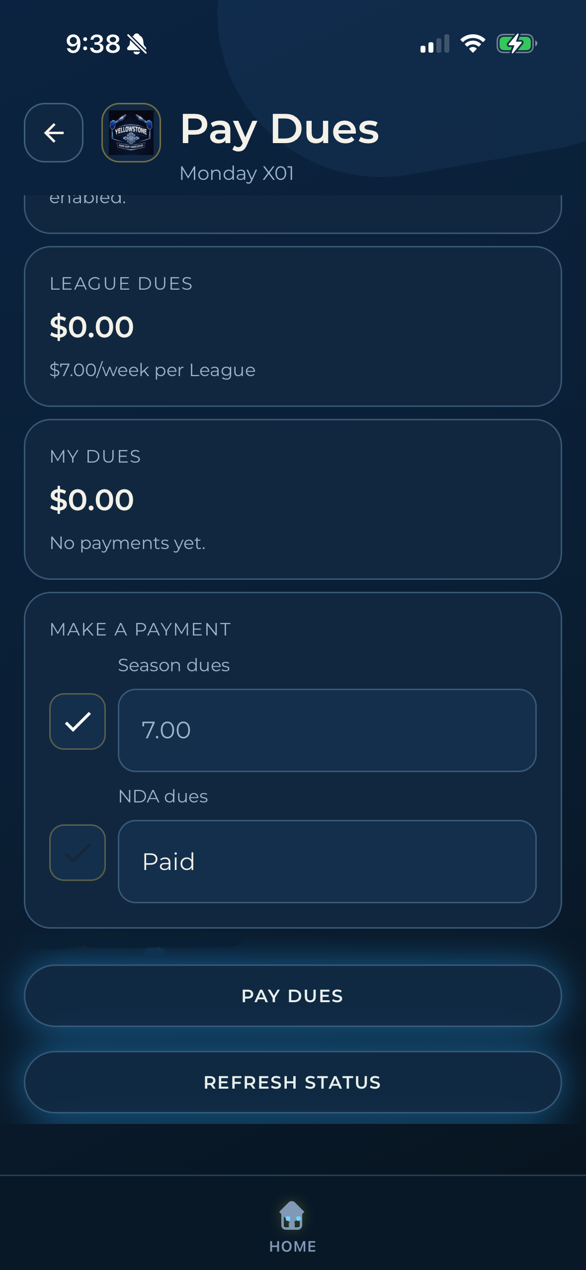 Dart League Pro player pay dues screen