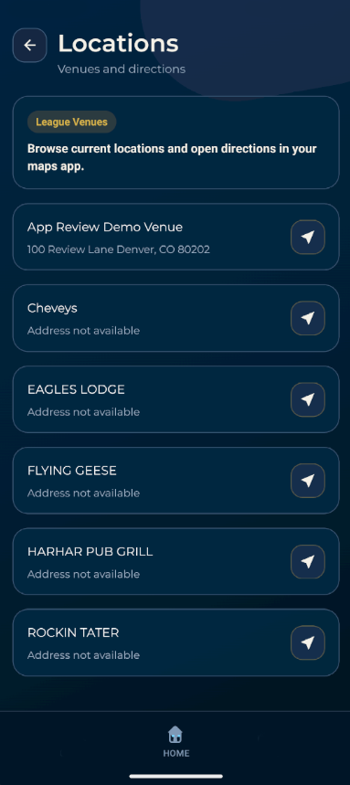 Dart League Pro player locations screen
