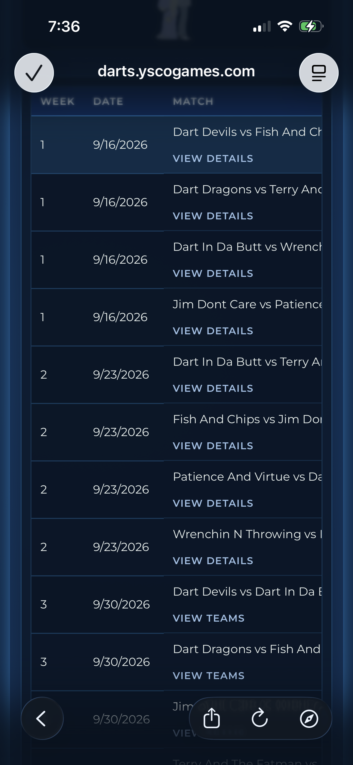 Dart League Pro public league schedule screen