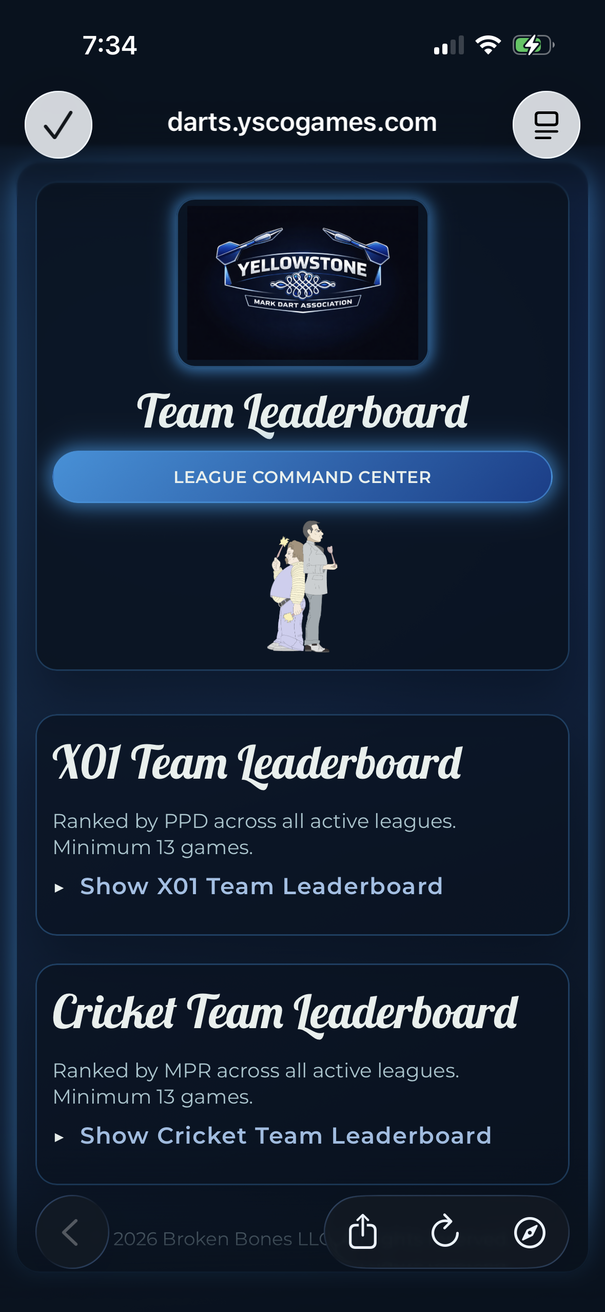 Dart League Pro public team leaderboards screen