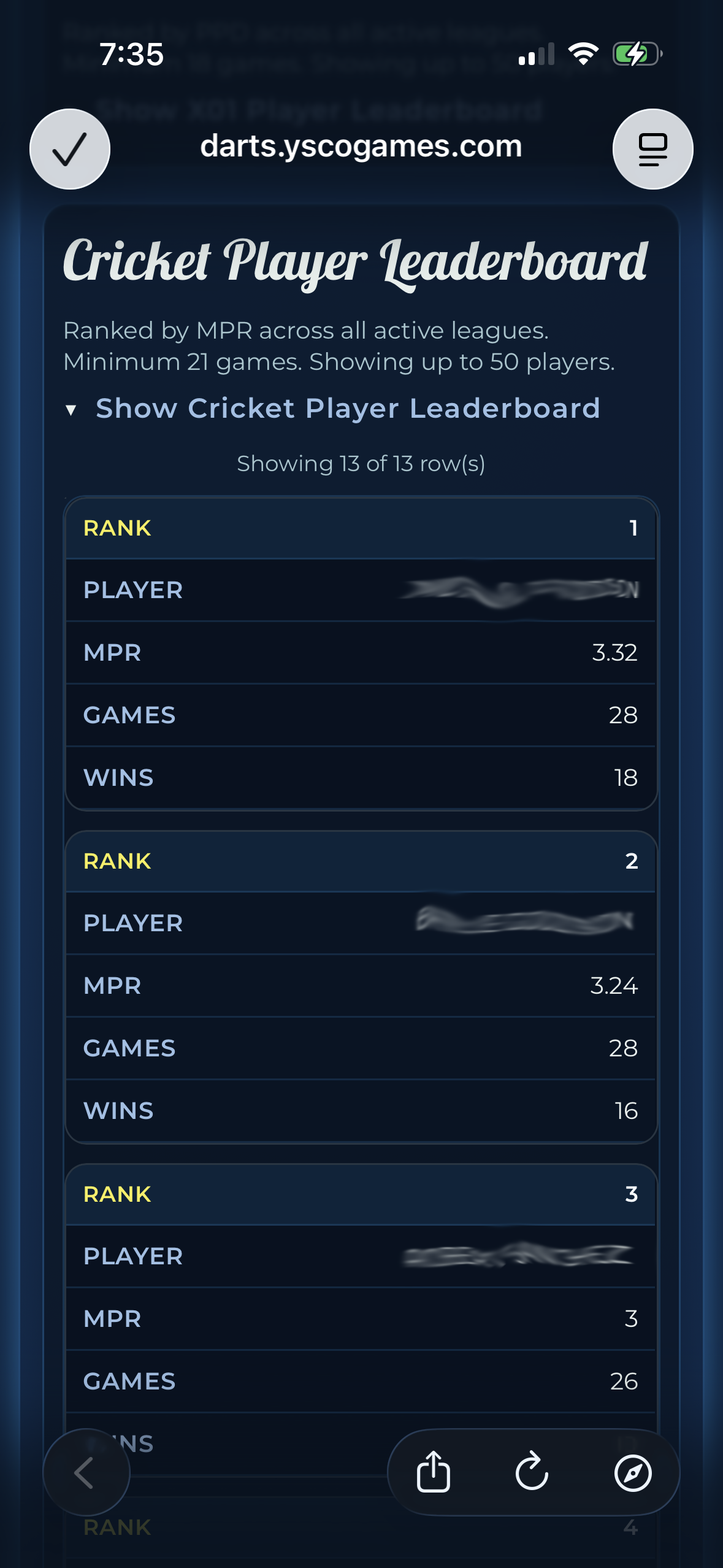 Dart League Pro public player leaders screen