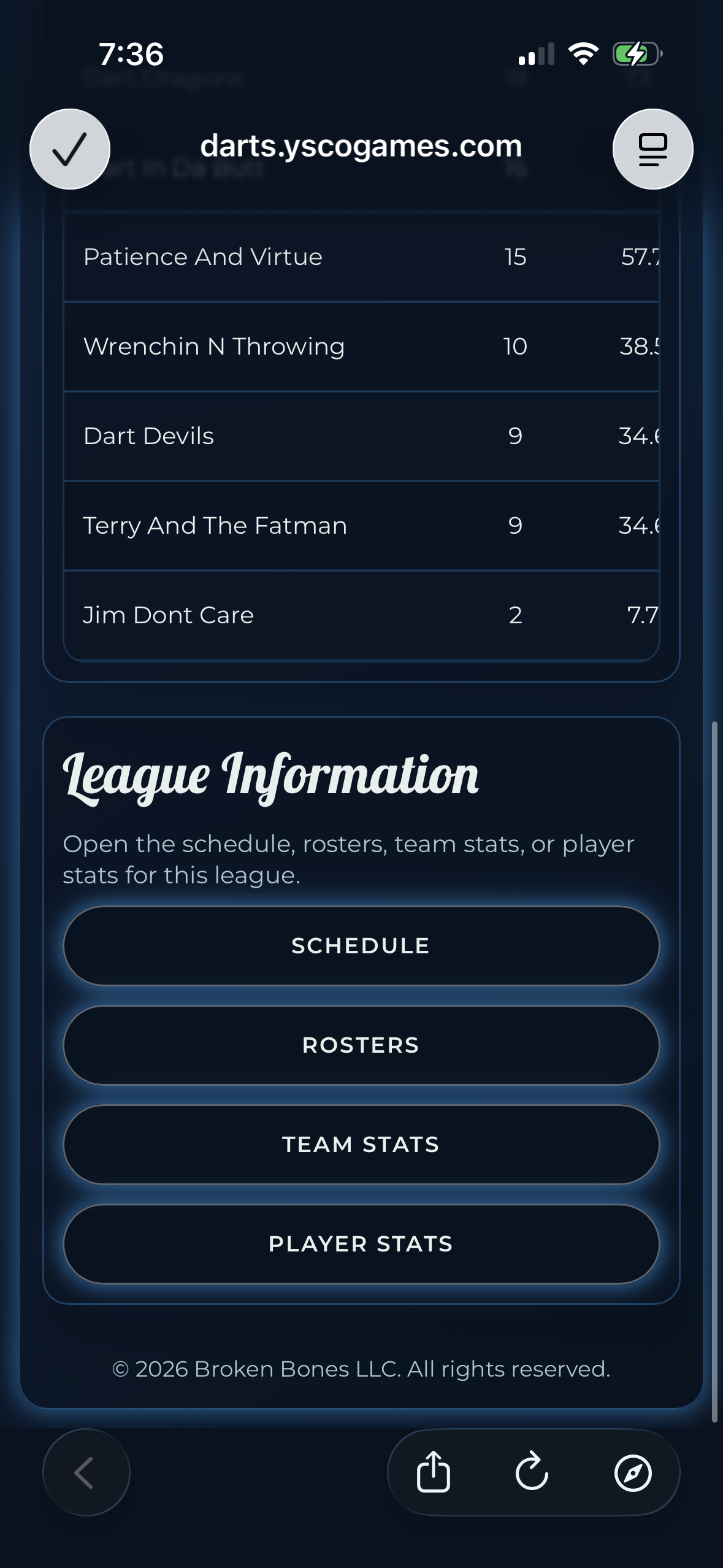 Dart League Pro second public league home screen