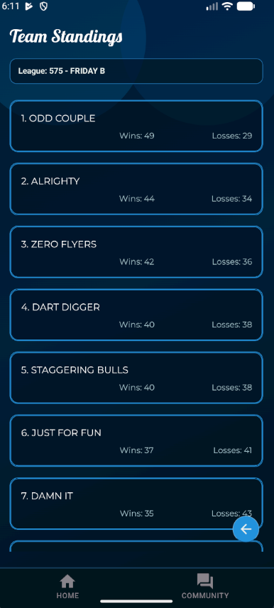 Dart League Pro - Mobile Team Standings